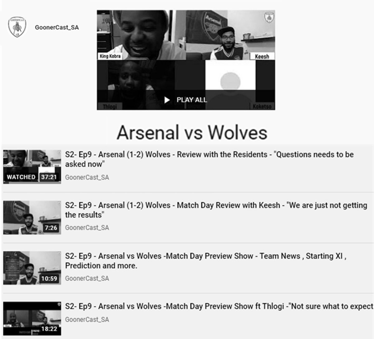 GoonerCast_SA's tweet photo. GoonerFam!!!!Check out our YouTube playlist of all fan videos after the loss against Wolves in the EPL.
Link - https://t.co/zjGBbbCHgb
Share , Like , Subscribe
#coyg #matchday #arsenal #fanviews #goonercast_sa https://t.co/TjkZNoHoNo