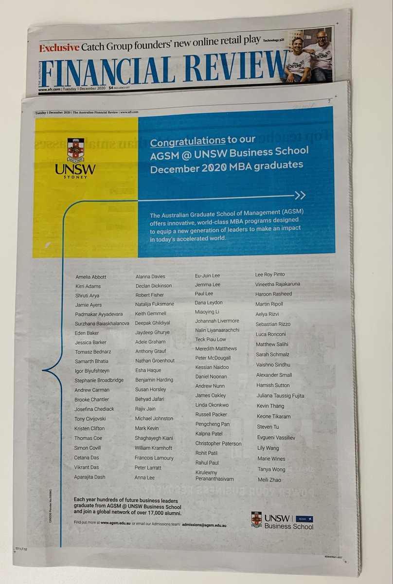 Congratulations to the latest AGSM at UNSW Business School graduates recognised in our 'grad ad' in today's Australian Financial Review (AFR) newspaper. You did it! We're delighted to welcome you to our 17,000+ global AGSM alumni community. Congratulations all!