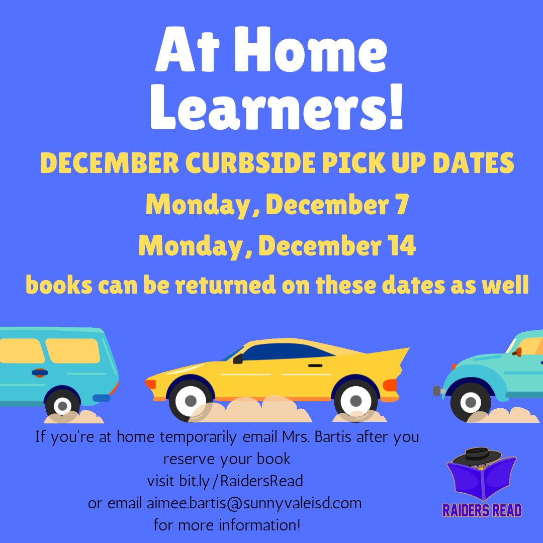 At Home Learners don't forget about Curbside Pick Up.  If you're at home temporarily, just email Mrs. Bartis after you reserve your book -   bit.ly/RaidersRead  #RaidersRead