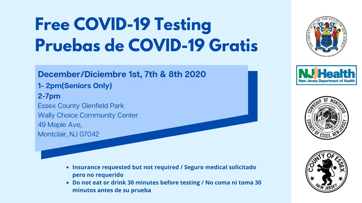 GovMurphy's tweet photo. FREE #COVID19 TESTING IN MONTCLAIR:
PRUEBAS GRATIS DE #COVID19 EN MONTCLAIR:
✅December/Deciembre 1st, 7th & 8th
✅2:00 PM to 7:00 PM (1:00 PM to 2:00 PM SENIORS ONLY)
✅Open to all – first come, first serve! Abiertos a todos!
✅Wally Choice Community Center
#TestTraceThrive https://t.co/adEjVbnfID