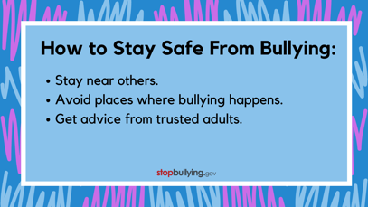 StopBullyingGov's tweet photo. Most bullying happens when adults aren’t around. One way to stay safe from bullying is to stay close to trusted friends and adults. #StopBullying #staysafe
https://t.co/Bp8lsCMRXn https://t.co/Z8Ov5Ksw0Z