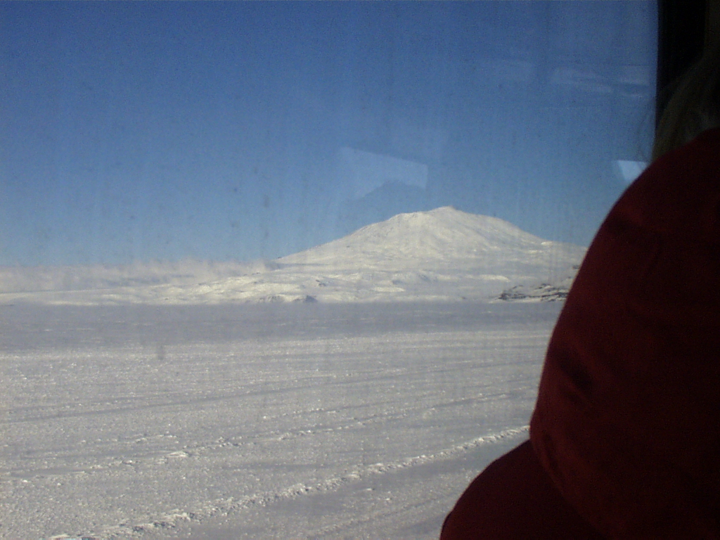 Mt. Erebus from plane just after landing on frozen Ross Sea 11-30-2000