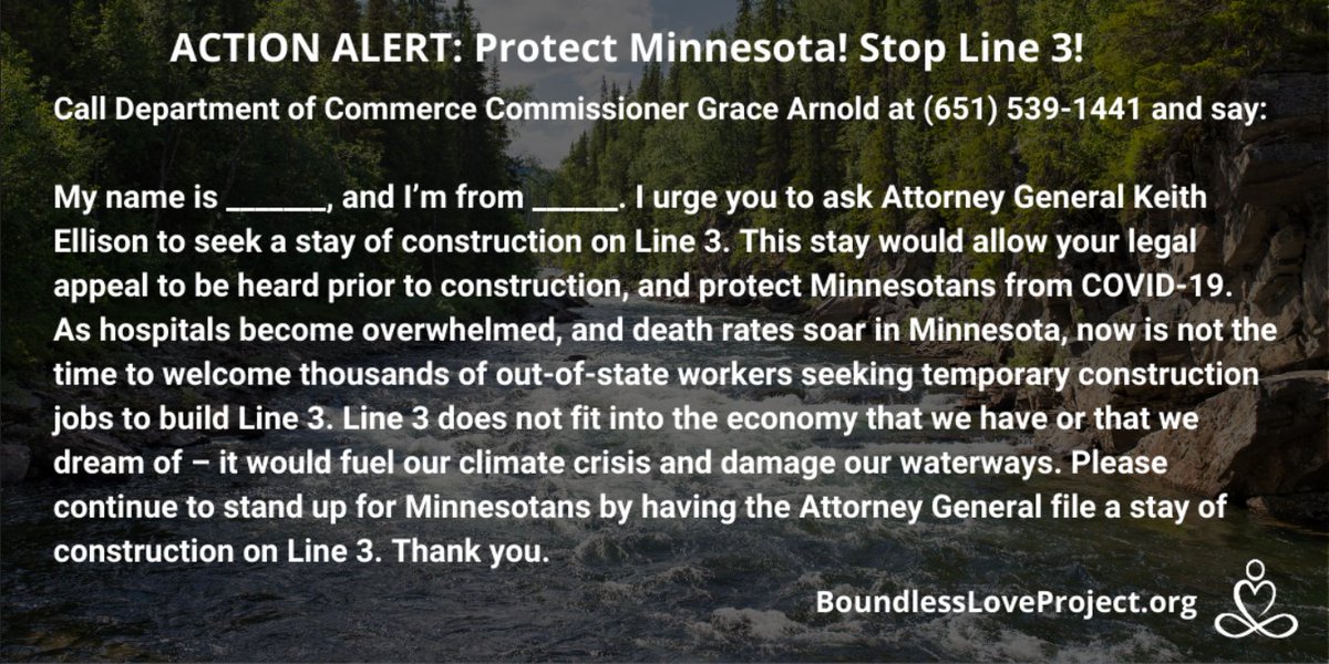 We know that the Line 3 pipeline would be an ecological disaster and an economic mistake. Call Department of Commerce Commissioner using the script below and ask her to request a stay of construction to prevent immediate construction of the pipeline #StopLine3