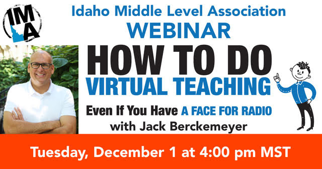 Dec 1 after school is time to laugh while learning. IMLA is pleased to bring Jack Berckemeyer into your lives once again, starting at 4 PM Mountain Time. bit.ly/imlajackb Share with all your Idaho Middle Level friends and join us for the free party!
 #idahomiddle #idedchat