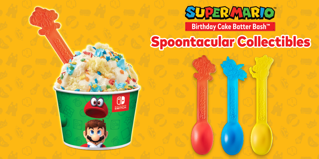 ColdStone's tweet image. We will be giving away collectible Nintendo themed Spoons with the purchase of the Mario&apos;s Super Birthday Blast Creation™, Mario&apos;s Super Star Shake, and Rainbow Road Rally Cake for a limited time! *At participating locations, while supplies last.