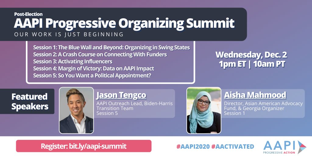 aapialliance's tweet photo. Join us Wednesday For the Post-Election #AAPIProgressive Organization Summit! https://t.co/BdunOblzla

#AAPI2020 #AActivated https://t.co/6EiuUcVp10