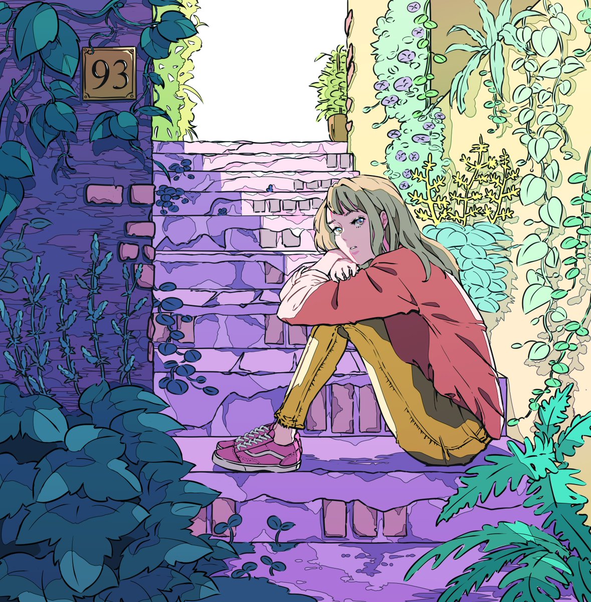 草 草がタイルやレンガを這うように生える生命力が好きです この道を抜けると ふるりのイラスト