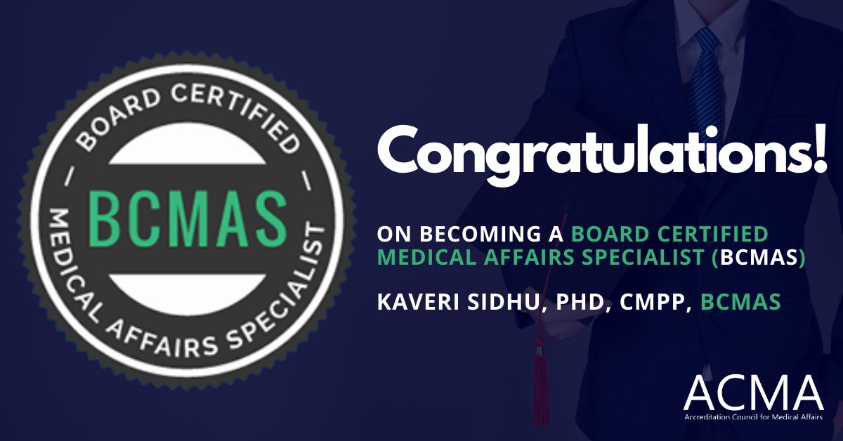 The_ACMA's tweet photo. Congratulations to Kaveri Sidhu PhD, CMPP, BCMAS on becoming Board Certified in #medicalaffairs!
Interested in finding out more about the #BCMAS program? Visit us at https://t.co/sQFjZ5OZUG
#ACMA #msl #medicalscienceliaison #msls #success
#PharmD #PhD #MD #pharma https://t.co/KniRa5alzB
