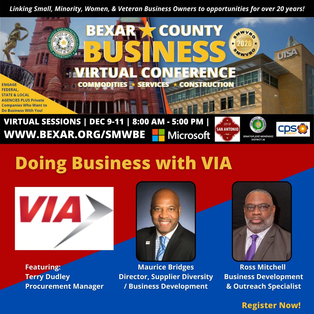 Director, Supplier Diversity/Business Development, Maurice Bridges, Business Development &amp; Outreach Specialist, Ross Mitchell and Procurement Manager, Terry Dudley will be joining us for our 2020 Bexar County Business Virtual Conference! Register today at: bexar.org/smwbe