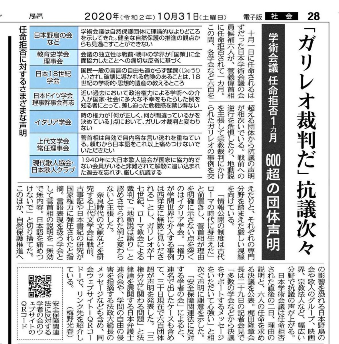 #東京新聞 の #日本学術会議 報道:
ガリレオ裁判だ」抗議次々。600超の団体生命。
「会員構成は是正」野党 矛盾追及。
※10/31/2020
#自民党 #公明党 #菅政権 の悪政
#杉田官房副長官の国会招致を求める
#日本学術会議への人事介入に抗議する
#2020年のToday https://t.co/5ODZFSIRZi