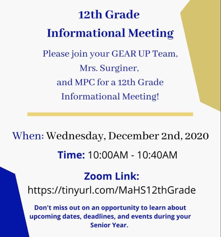 MaHS_GEARUP's tweet photo. Attention 12th graders‼️ Please join us this Wednesday, December 2nd at 10:00AM for an informational 12th grade meeting. Don’t miss out on upcoming dates, deadlines, and events that will benefit you during your senior year. See you all then. 😊#GoooMariners https://t.co/cxes5c6CDQ