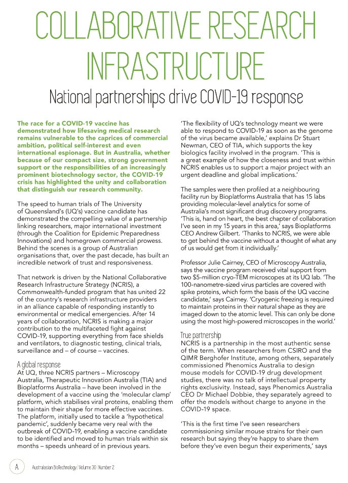 National partnership drive #COVID19 response. NCRIS is making a major contribution to the multifaceted fight against COVID-19, supporting everything from face shields &amp; ventilators, to diagnostic testing, clinical trials, surveillance &amp; vaccines. ➡️ pag 36 ausbiotech.org/documents/item…