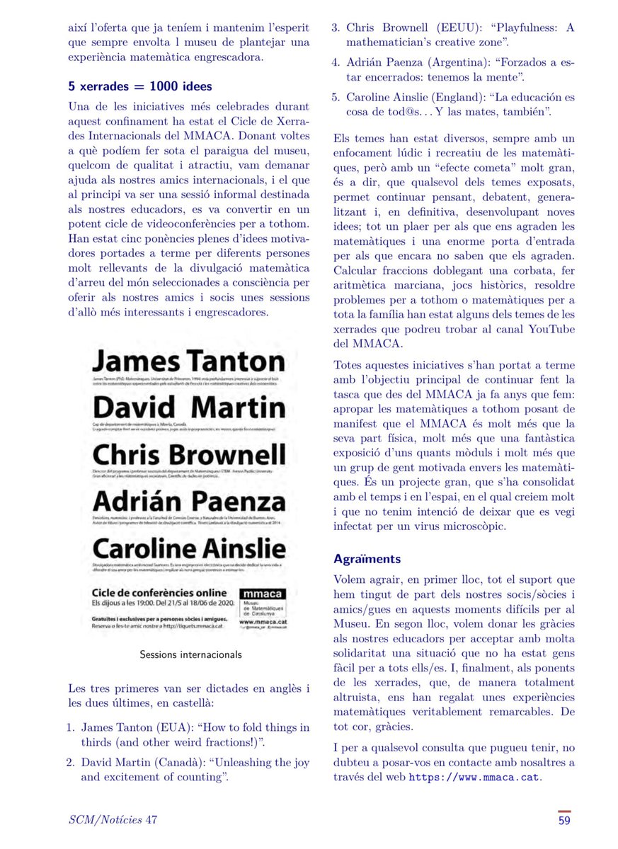 MMACA_cat's tweet photo. Núm 47 (setembre 2020) de  #SCMnotícies de la @soccatmat
En record d’en Pep Bujosa i Josep Vaquer 
Dia Internacional de les Matemàtiques 2020 
Projecte DiMa IDM 2021 
Pleguem en català 
Literatura i matemàtiques: un pont entre dues disciplines ...i molt +
https://t.co/ey2krDXNJe https://t.co/3lMg8XmmIv