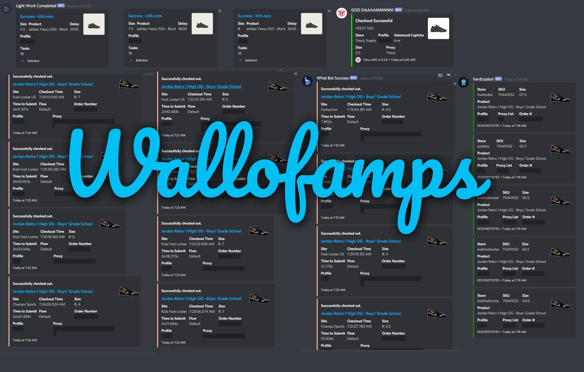 4 pairs of Yeezy 500's and 20 pairs of gs J's today. Not bad...not bad. 

@GUAP 
@whatbotisthis 
@TohruAIO_ 
@EasyCopBots 
@sauceproxies 
@dashproxies 
@jeru035 
@Fatherless1646