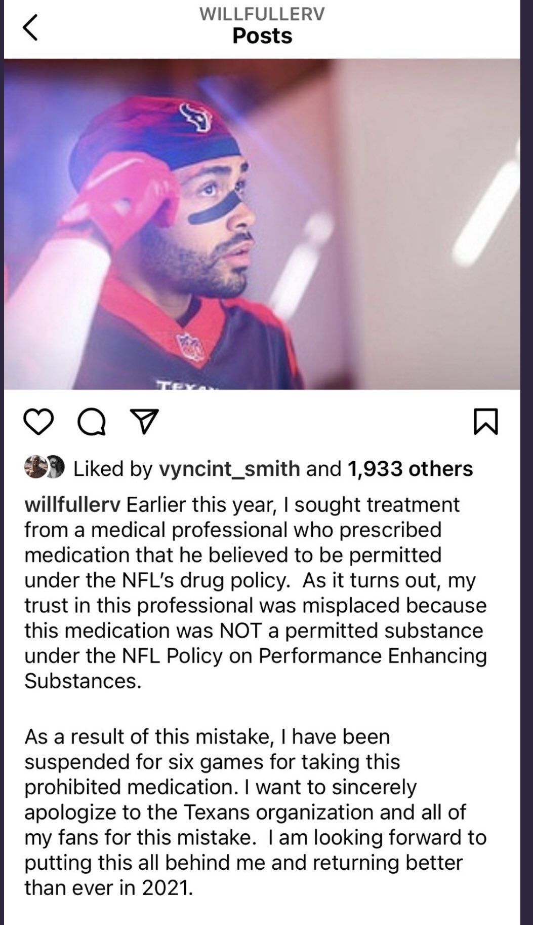 Adam Schefter Texans Wr Will Fuller Announced On Instagram That He Has Been Suspended Six Games For Violating The Nfl S Performance Enhancing Substances Policy T Co Ltu4dy5dq9
