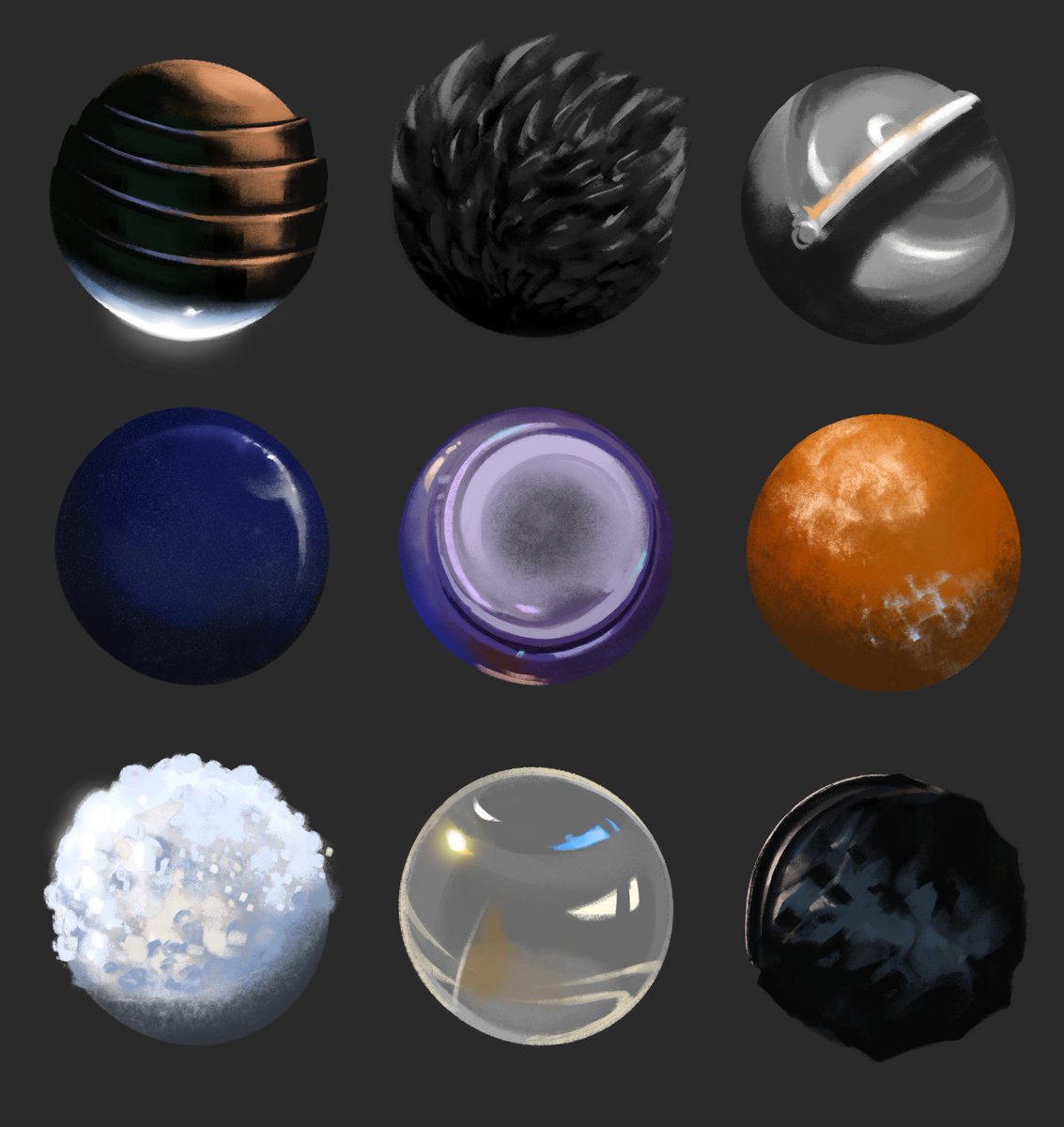 Moontowhee's tweet photo. Material practices made in art class. #digitalart #procreate #digitalpainting #materialpractice #conceptart #gameart https://t.co/MoStzyzRGY