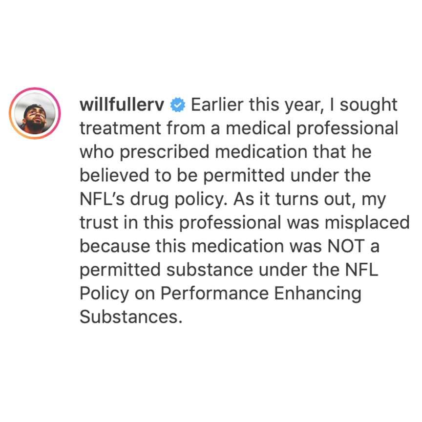 SportsCenter's tweet photo. Texans WR Will Fuller announced on Instagram that he has been suspended by the NFL for violating the league’s performance enhancing substances policy: https://t.co/7UXk0A4cCd