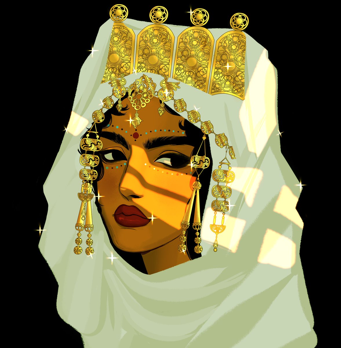 I love drawing North-African jewelry and I'm constantly in awe with our artisans' work! On the left, the head gear is loosely inspired by the Tlemcen chedda hat and on the right, Fes brides' jewelry #Artmazigh