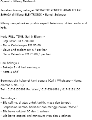 تويتر Kerja Kosong على تويتر Operator Kilang Elektronik Bangi Selangor Berminat Sila Hubungi Kami Segera Call Whatsapp Nama Alamat Amp No Ic Tel 017 2130808 Pn Wani 017 2361881