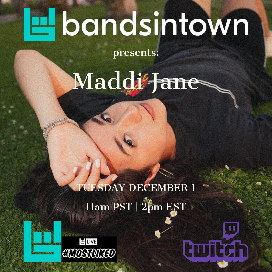 Hey everyoneeee free concert tickets! I’ve teamed up with <a href="/bandsintown/">Bandsintown</a> for their #MostLiked show on <a href="/twitch/">Twitch</a> tomorrow at 11am PST ✨ click the link in my bio or the link below for tickets/rsvp! Can’t wait! 💖 maddijane.ffm.to/butterflyeffec…