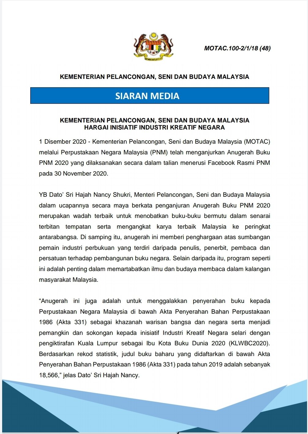 Motac On Twitter Siaran Media Kementerian Pelancongan Seni Dan Budaya Malaysia Hargai Inisiatif Industri Kreatif Negara Keputusan Pemenang Anugerah Buku Pnm 2020 1 Disember 2020 Selasa Pnm Rasmi Mymotac Malaysiatrulyasia