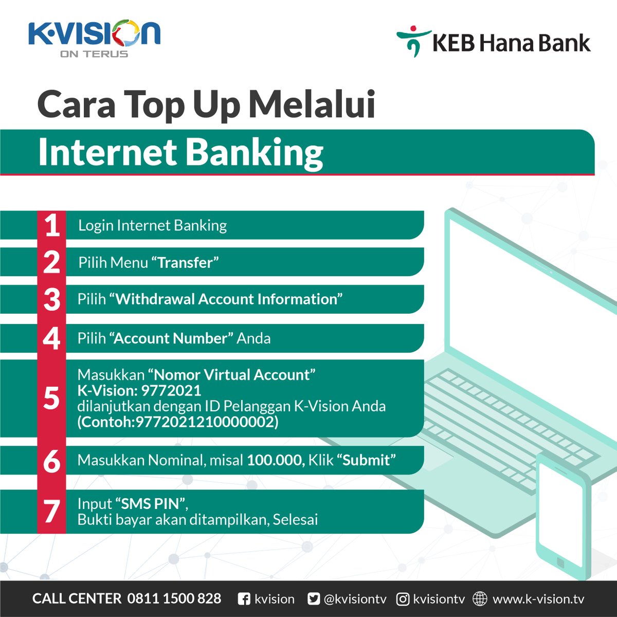 kvisiontv's tweet photo. Kamu bisa top-up saldo lewat berbagai bank dan merchant-merchant K-Vision! 🤩

Untuk pembelian saldo lewat Hana Bank, cek caranya berikut ini ya!

Selengkapnya, klik https://t.co/Oye8RD97Kq

#KVision #KVisionOnTerus #AntenaTVZamanNow #TVSatelit #TVBerbayar #TipsKVision #HanaBank https://t.co/Jj29mUjssb