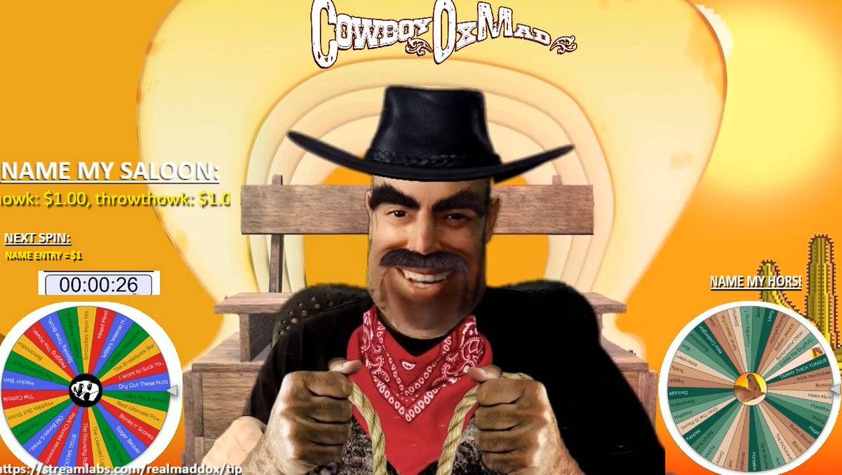 Howdy y'all! I'm finally back from my long trip to the ol' Denver Outpost to deliver some haunted Egyptian casks. Whew! No thanks! But now I'd love nothing more than to chat with y'all. Come by for a spell! twitch.tv/realmaddox