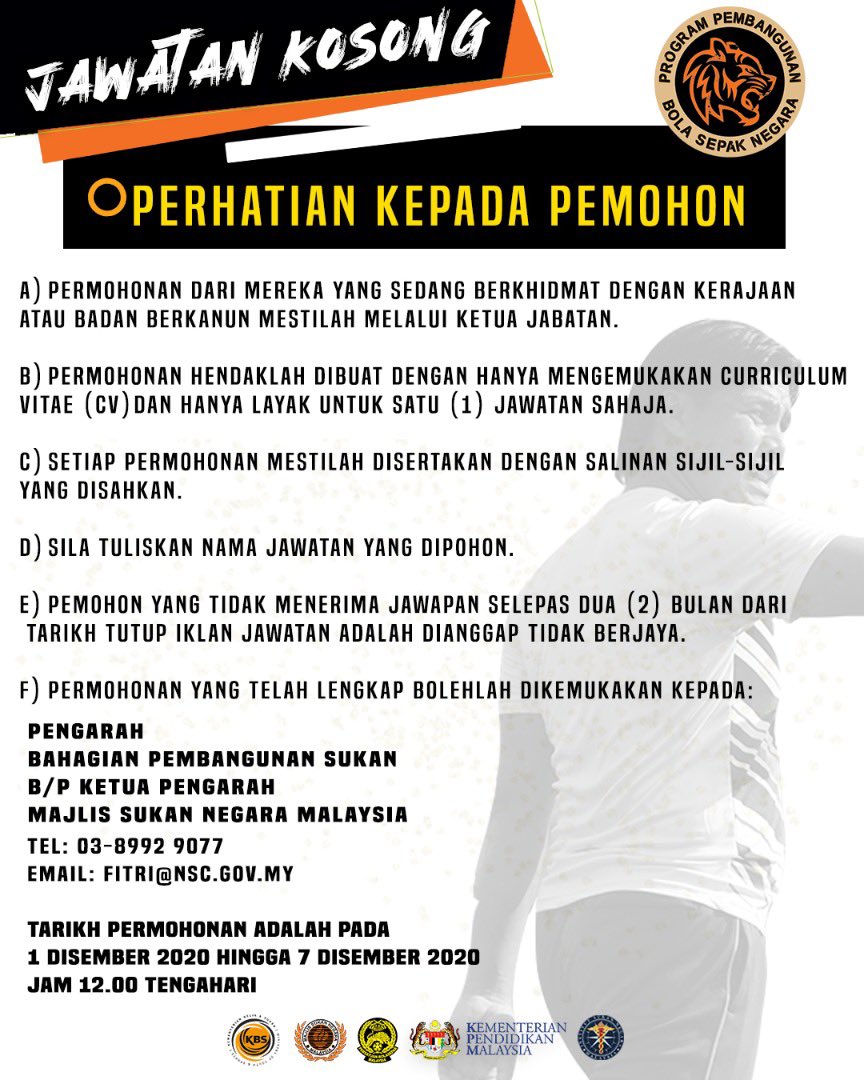 Nfdp Official Ar Twitter Iklan Jawatan Kosong Jurulatih Dan Kakitangan Program Pembangunan Bolasepak Negara Ppbn Majlis Sukan Negara Malaysia Menawarkan 5 Jawatankosong Secara Kontrak Bagi Yang Berminat Danberkelayakan Untuk Mengisi Jawatan Jurulatih