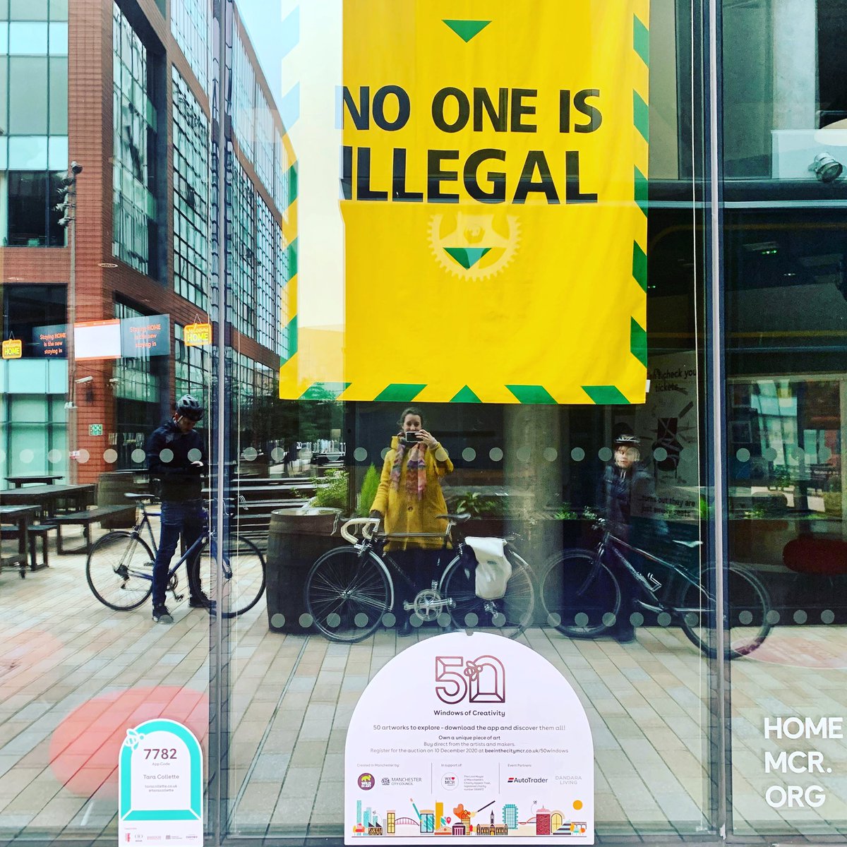evefrancisholt's tweet photo. #NoOneIsIllegal Highly recommend #50WindowsOfCreativity by foot or by cycle. #Manchester https://t.co/ujJlEz6NCq