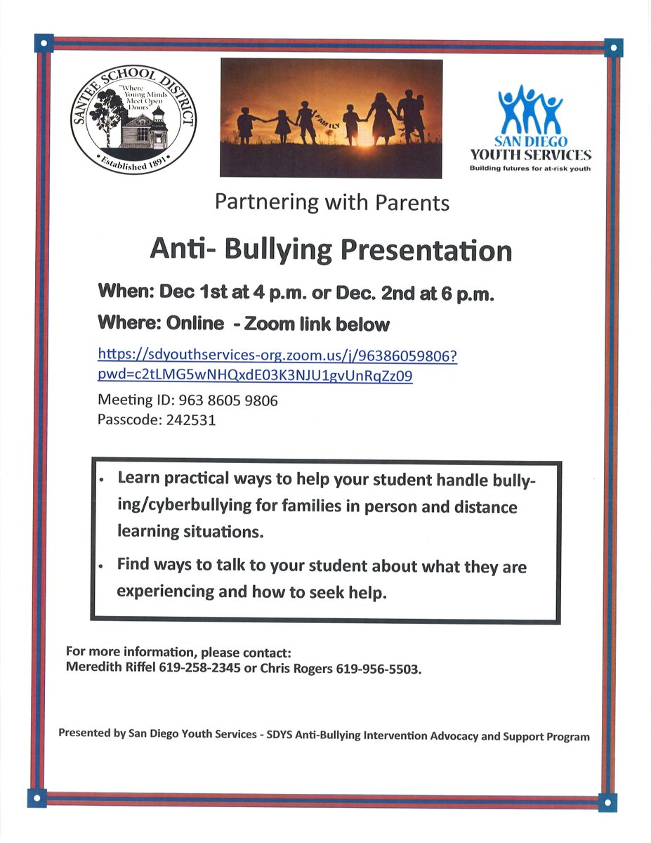 Partnering with Parents is conducting a virtual Anti-Bullying Presentation on December 1 at 4:00 p.m. or December 2 at 6:00 p.m.  The ZOOM link is:  sdyouthservices-org.zoom.us/j/96386059806?…
Meeting ID: 963 8605 9806
Passcode: 242531
<a href="/SSDKristin/">Kristin Baranski, Ed.D</a> <a href="/drsmpierce/">Dr. Stephanie Pierce</a> <a href="/sdyouthservices/">San Diego Youth Services</a>