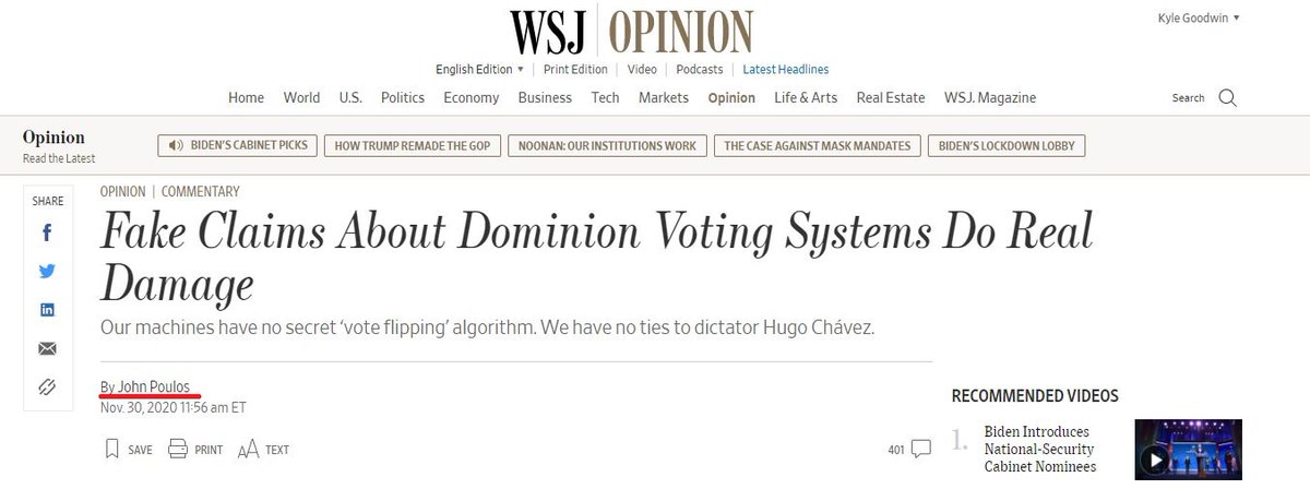 DOMINION."Fake Claims About Dominion Voting Systems Do Real Damage."It's over guys. The Wall Street Journal has laid to rest ALL questions about the security & integrity of America's voting machines & the 2020 election.Wait, that's according to... DOMINION?  #FISK 1/27