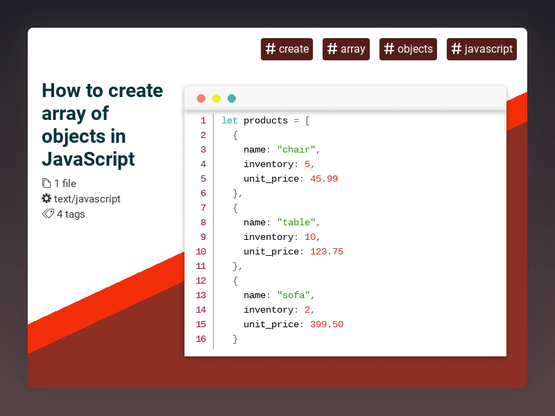 CodeRatings's tweet image. How to create array of objects in JavaScript #create #array #objects #javascript #coderatings coderatings.io/snippet/750
