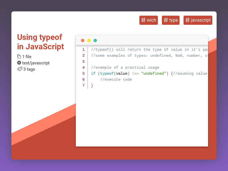 CodeRatings's tweet image. Using typeof in JavaScript #wich #type #javascript #coderatings coderatings.io/snippet/754