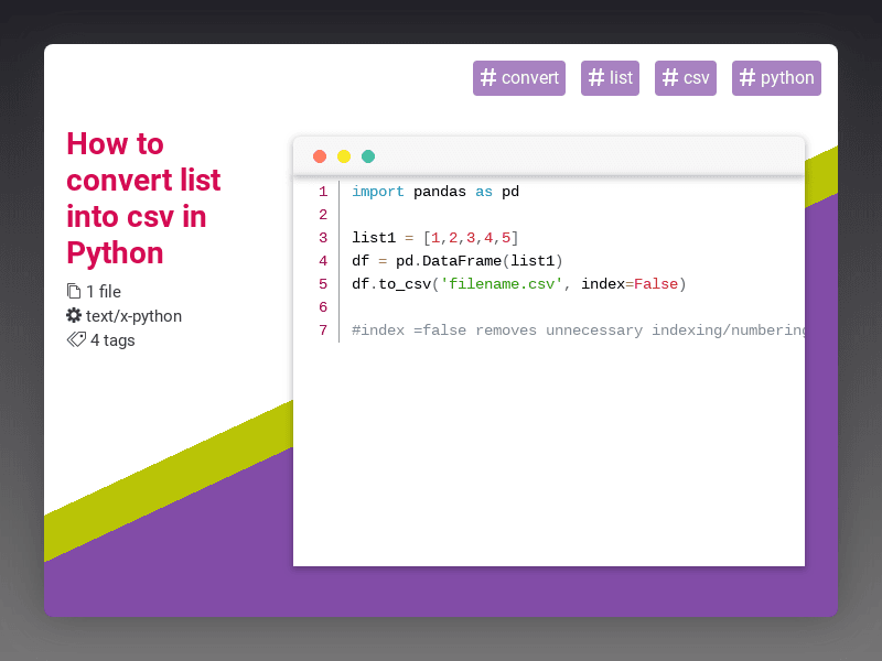 CodeRatings's tweet image. How to convert list into csv in Python #convert #list #csv #python #coderatings coderatings.io/snippet/756