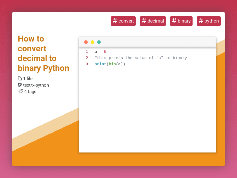 CodeRatings's tweet image. How to convert decimal to binary Python #convert #decimal #binary #python #coderatings coderatings.io/snippet/758