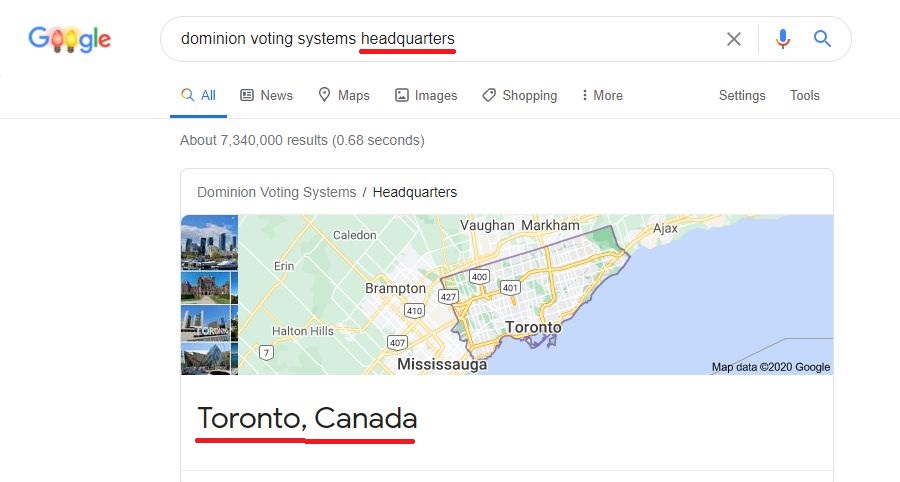 3. "Dominion is an American company, now headquartered in Denver."Google must be in on the "right-wing plot" to discredit the Canadian-based company. It says its headquarters are in Toronto, Canada.