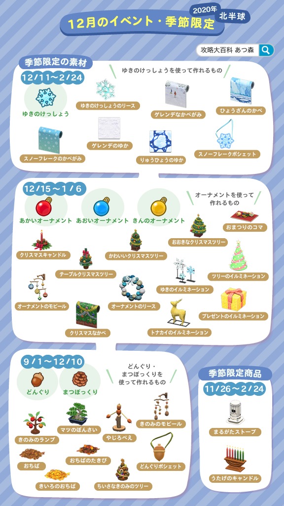 あつ森攻略 攻略大百科 12月のイベントとお誕生日カレンダー 今月のイベントと住民のお誕生日まとめ画像です 12月にお 誕生日の住民がいる方は 忘れずお祝いしてあげてくださいね 今月は期間限定レシピやイベントも盛り沢山なので楽しみましょう あつ森攻略 攻略大百科 12月のイベントとお誕生日カレンダー 今月のイベントと住民のお誕生日まとめ画像です 12月にお 誕生日の住民がいる方は 忘れずお祝いしてあげてくださいね 今月は期間限定レシピやイベントも盛り沢山なので楽しみましょう
