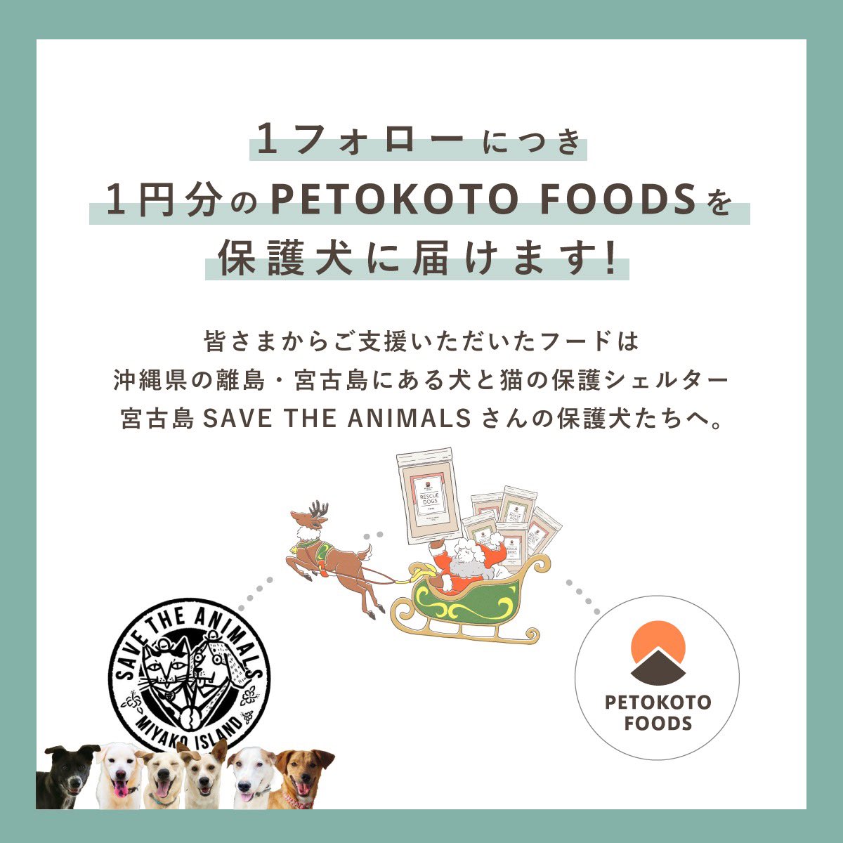 ／
保護犬たちに美味しいごはんを届けよう🐶
1Follow=1Meal PJ for Christmas🎅
＼

姉妹サービスPETOKOTO FOODSとのコラボ企画がスタートしました！
１フォローにつき１円分の
PETOKOTO FOODSを保護犬に寄付します🎁

▼参加方法▼
①<a href="/omusubi_pet_01/">OMUSUBI by PETOKOTO【公式】</a> をフォロー
②この投稿をRT🕊
※12/25 23:59迄