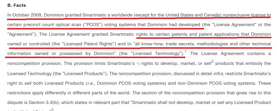 4. "None of Dominion’s systems use the Smartmatic software that has come under attack, as any state certification lab could verify."It actually runs in reverse. in 2009, Dominion provided Smartmatic with a "worldwide license" to use ITS software.See:  https://www.casemine.com/judgement/us/5914fa06add7b049349a5a8d