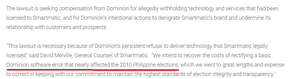 5. In fact, Smartmatic filed a lawsuit against Dominion for tarnishing its reputation, because the software used in the Phillipines election in 2010 led to a MAJOR elections fiasco. You can't make this stuff up. https://www.smartmatic.com/us/media/article/1297/