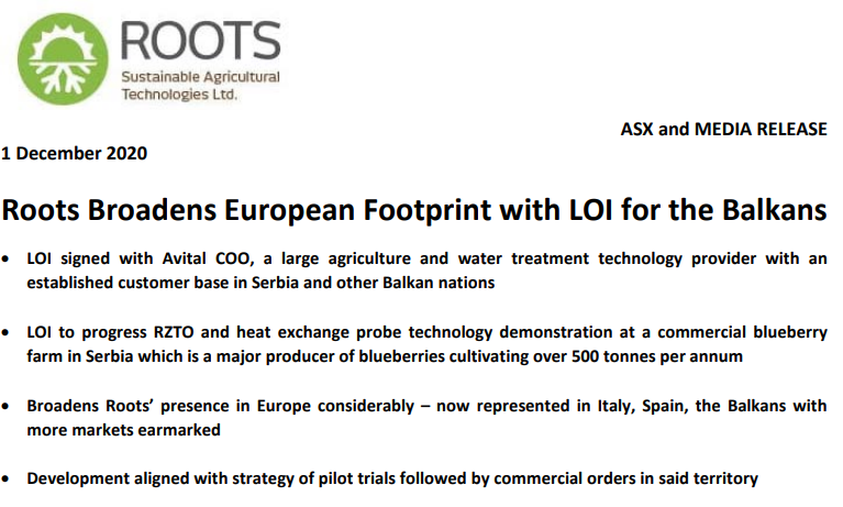 Roots has expanded presence in Europe through a letter of intent w/ established #agriculture & #watertreatment technologies supplier, Avital COO to deploy #RZTO & #heatexchange probe technology into Serbia & other countries in the Balkans. More: cdn-api.markitdigital.com/apiman-gateway… $ROO #ASX