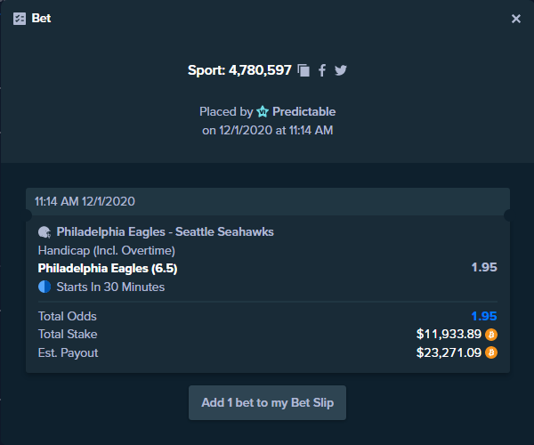stakehighroller's tweet image. ALERT: New high roller bet posted!
Predictable has bet $11,933.89 on Philadelphia Eagles - Seattle Seahawks to win $23,271.09.
To view this bet or copy it stake.com/?iid=sport%3A4…