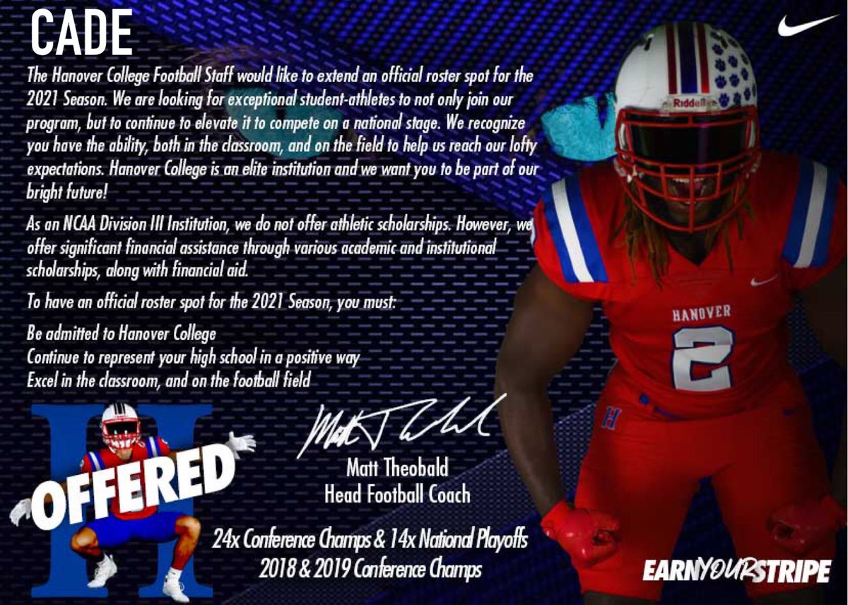 CadePetty1's tweet photo. After a great talk with @Coach_Jay53 I’m honored to say I have received my 4th offer from @HanoverFTBL #StripeStandard #UNCOMMON21
@RecruitGeorgia @NwGaFootball @BigFaceSportss @247recruiting https://t.co/eeCT6LRXip