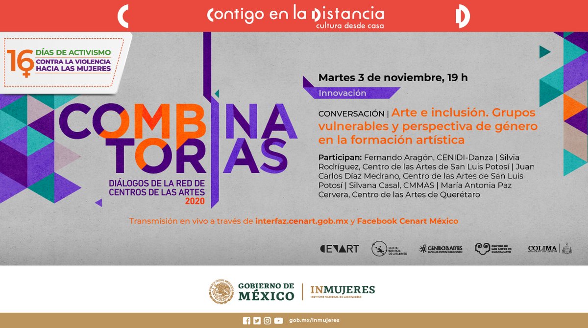 cenartmx's tweet photo. Mañana no se pierdan la sesión de #Combinatorias, Diálogos de la Red de Centros de las Artes 2020 con el tema "Arte e inclusión. Grupos vulnerables y perspectiva de género en la formación artística".
🔹19 h, vía @interfaz_cenart. https://t.co/abpvGVSYy8