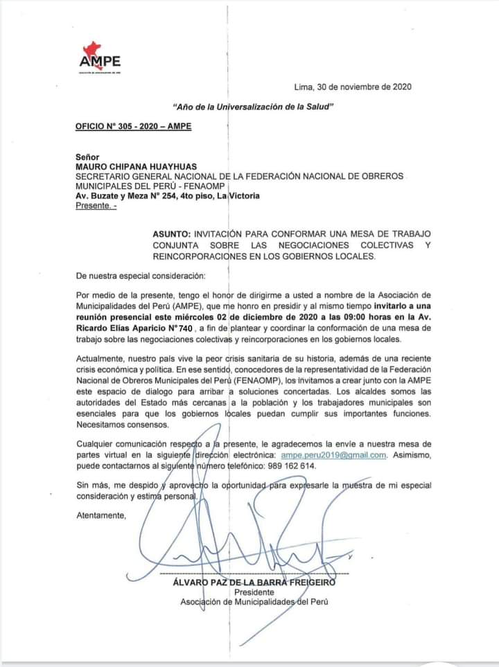 AMPE realiza una invitación al secretario general, nacional de la Federación Nacional de Obreros Municipales del Perú-FENAOMP para conformar una mesa de trabajo conjunta sobre las negociaciones colectivas y reincorporaciones en los gobiernos locales.
#AmpePerú
<a href="/Latina_pe/">Latina.pe</a> <a href="/atvpe/">ATV</a>