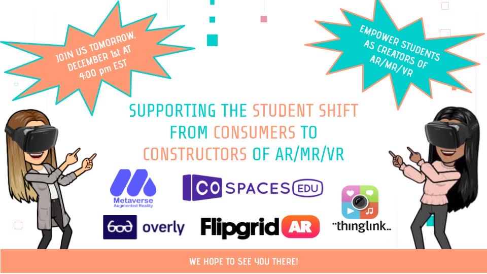 InRozLand's tweet photo. Join @EllenGianakis and me tomorrow, December 1st at 4pm EST for our #ISTE session to learn more about how you can empower students as constructors of VR/AR/MR and to view our virtual gallery of student exemplars! #ISTE20 #ISTE20live #ISTE2020 https://t.co/R4C8Sai1mw