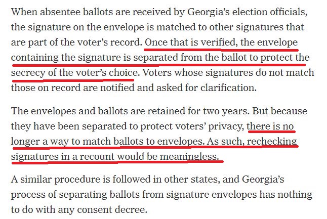 23. "The Georgia Secretary of State’s Office certified election results after hand-auditing five million ballots, which showed that the paper-ballot voting system counted & reported results accurately."NYT verifies recounts can't verify mail-in ballots. https://www.nytimes.com/2020/11/17/technology/georgia-recount-signature-match.html