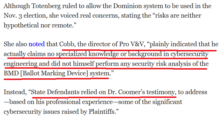 24. "The state also enlisted Pro V&V, a certified third-party testing laboratory, to audit a random sample of Dominion machines. No tampering was found."Cobb, the director of Pro V & V, attested to "no specialized knowledge" of voting machines in an October 2020 GA court case.