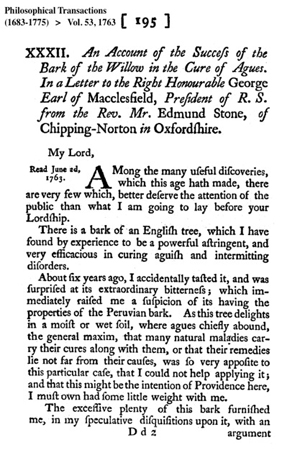 In 1763,  @royalsociety published a study of dried willow bark for rheumatism, submitted by Edward Stone (1702-1768), a vicar from Chipping Norton in the Cotswolds & fellow  @WadhamOxford. Back then a lot of “natural philosophy” (early science) was done by Anglican clergy./ 3