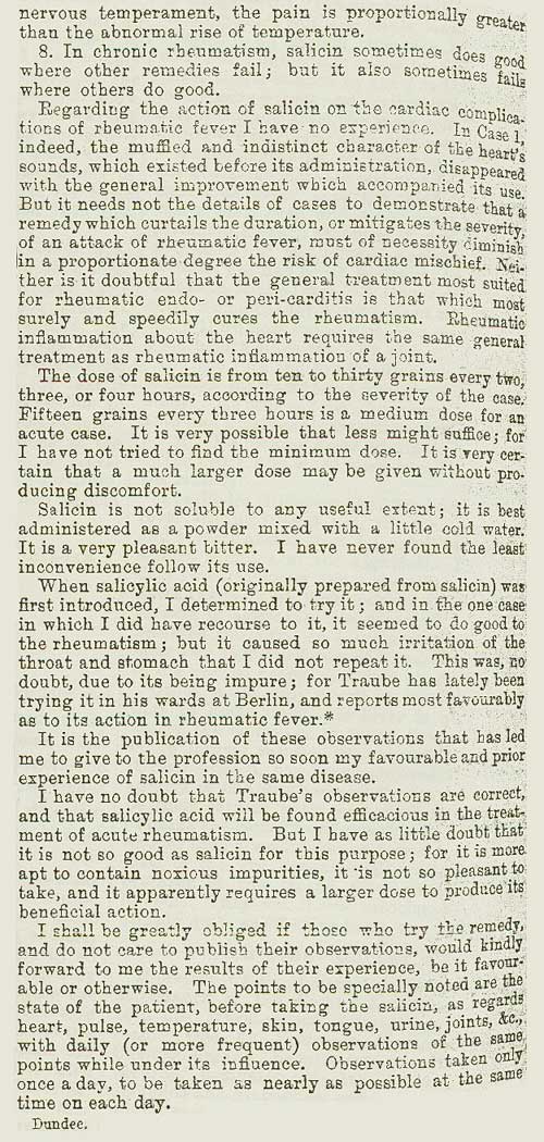 "I determined to give salicin; but before doing so, took myself first five, then ten, then thirty grains without experiencing the least inconvenience or discomfort." (More on what a "grain" is below, but some foreshadowing: that's where the 81 mg comes from.) /11